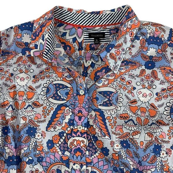 Talbots XL Classic Cotton Button Down Shirt Royal Palm Paisley Orange Blue - Picture 5 of 12